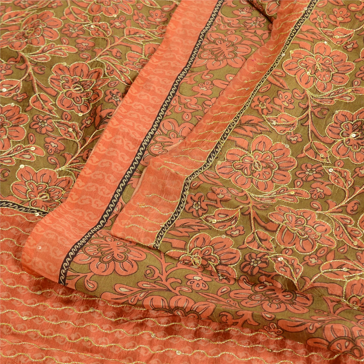 Sanskriti Vintage Peach/Green Sarees Pure Silk Hand Beaded Premium Sari Sustainable Fabric