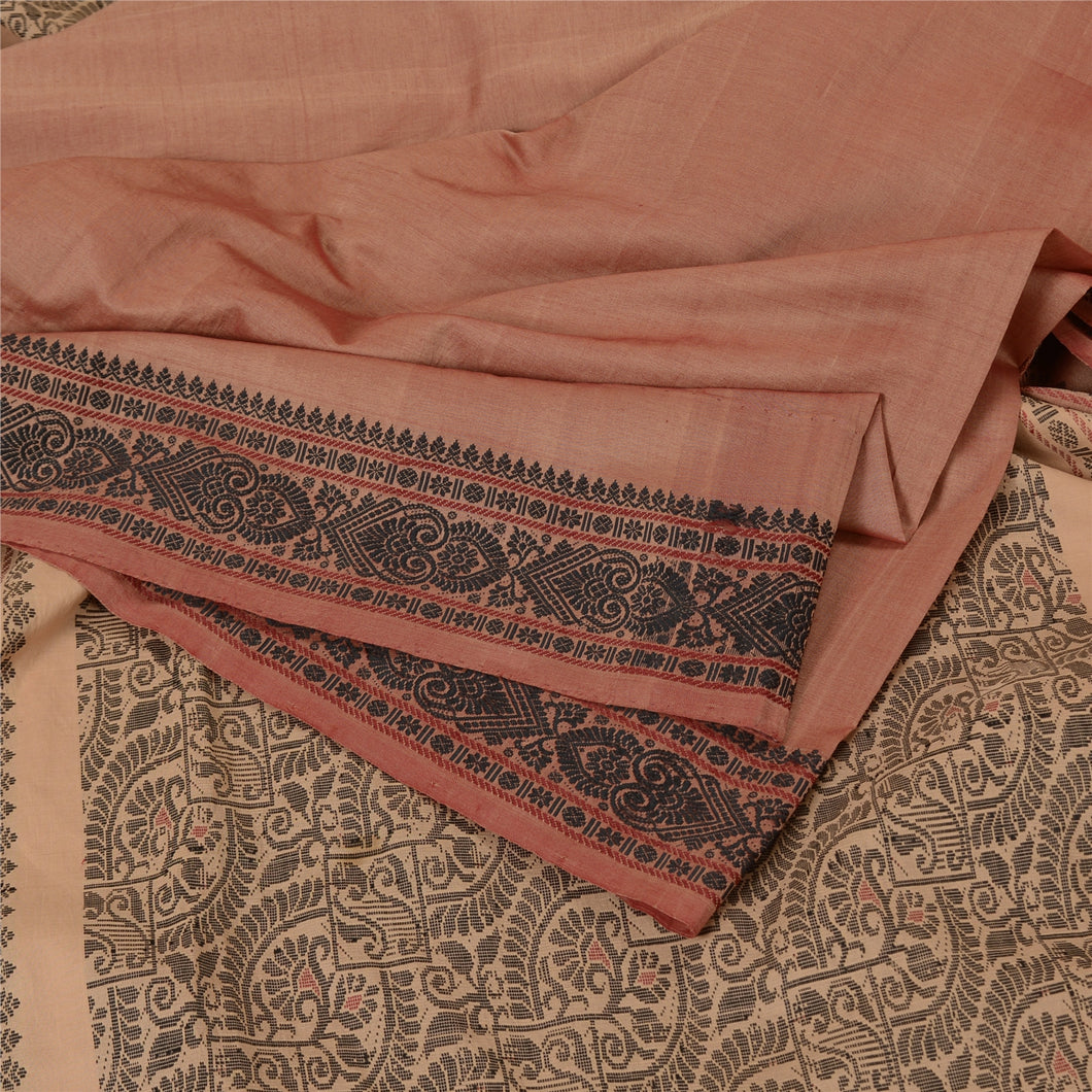 Sanskriti Vintage Peach Sarees Blend Cotton Woven Premium Sari Craft 5 YD Fabric