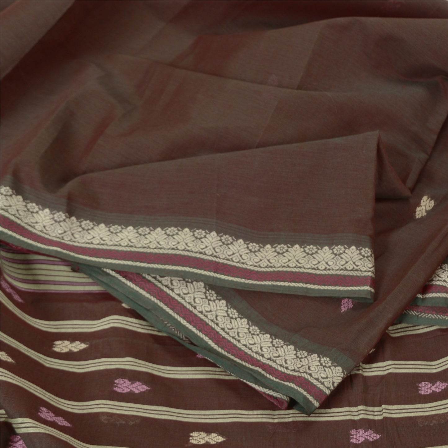 Sanskriti Vintage Brown Sarees Pure Cotton Hand-Woven Tant Special Sari Sustainable Fabric