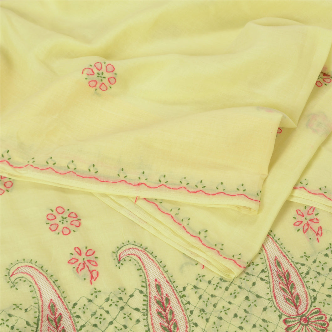 Sanskriti Vintage Yellow Sarees Blend Cotton Handmade Chikankari Sari Fabric