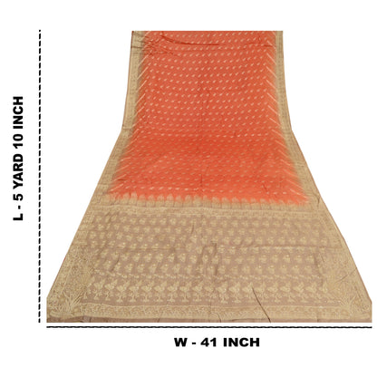 Sanskriti Vintage Brown/Orange Sarees 100% Pure Silk Woven Sari Craft Sustainable Fabric