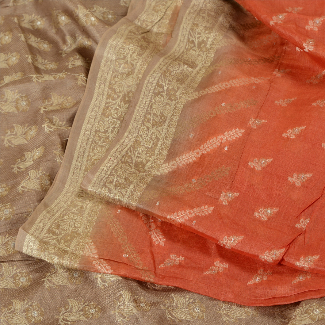 anskriti Vintage Brown/Orange Sarees 100% Pure Silk Woven Sari Craft Fabric