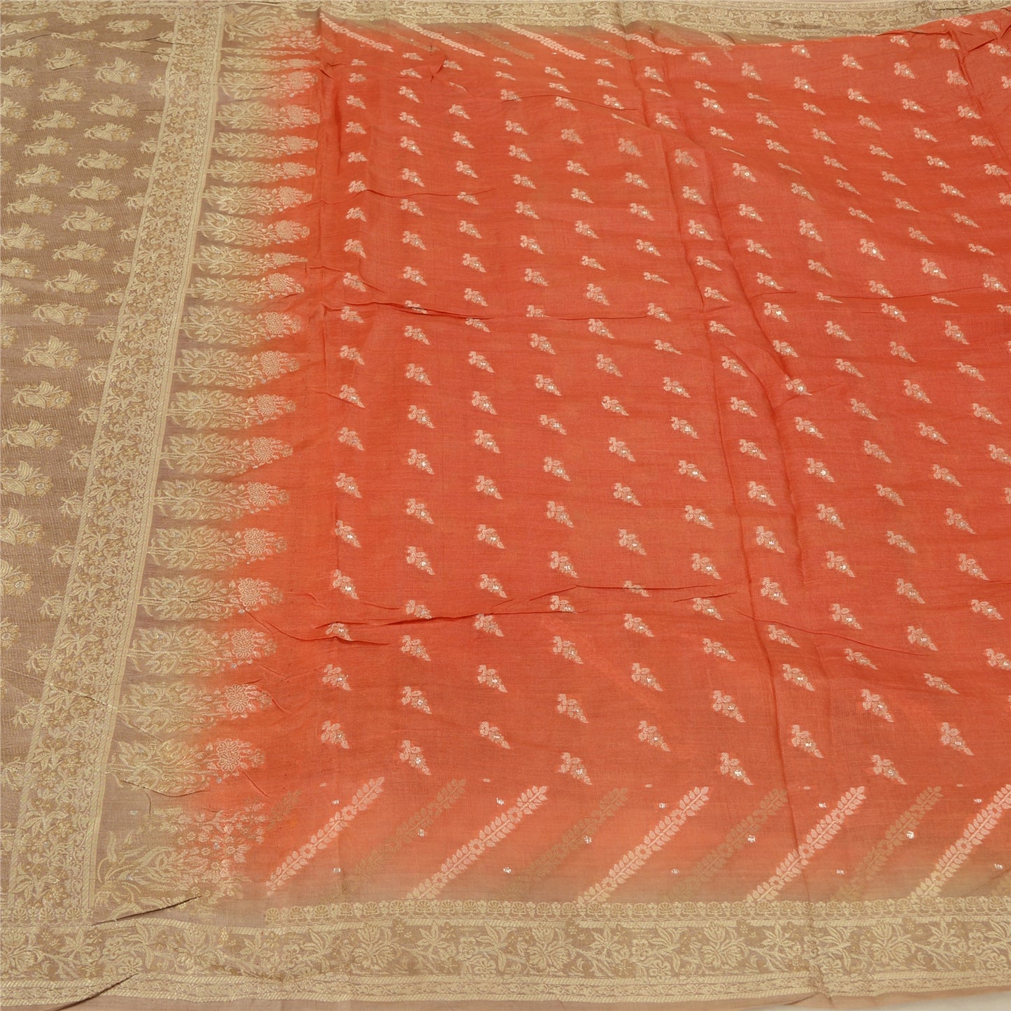 Sanskriti Vintage Brown/Orange Sarees 100% Pure Silk Woven Sari Craft Sustainable Fabric