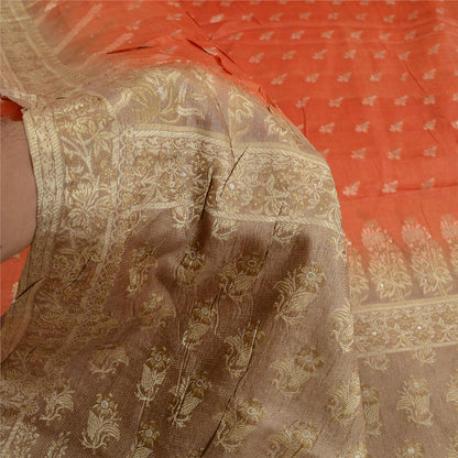 Sanskriti Vintage Brown/Orange Sarees 100% Pure Silk Woven Sari Craft Sustainable Fabric