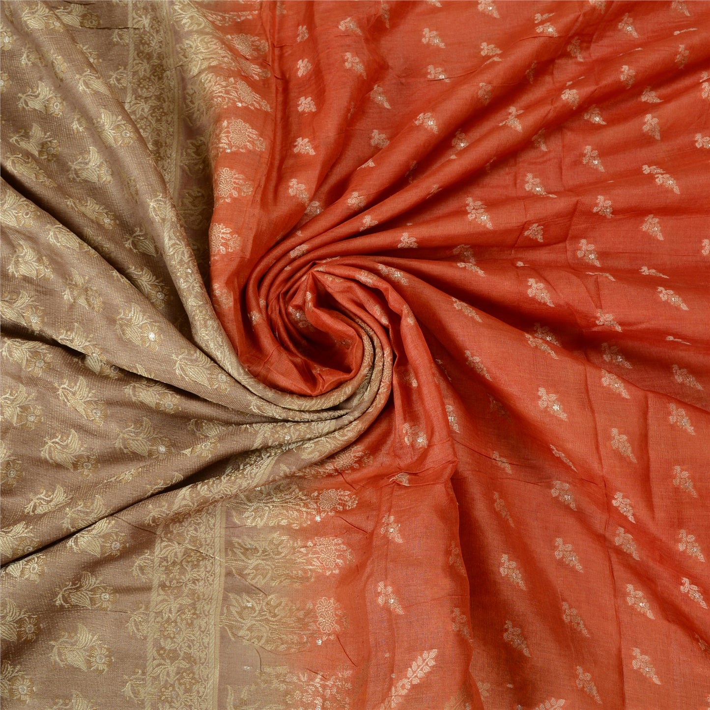 Sanskriti Vintage Brown/Orange Sarees 100% Pure Silk Woven Sari Craft Sustainable Fabric