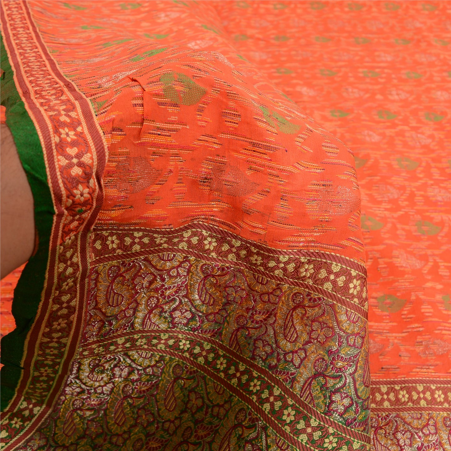 Sanskriti Vintage Orange/Green Sarees Pure Silk Woven Banarasi Zari Sari Sustainable Fabric