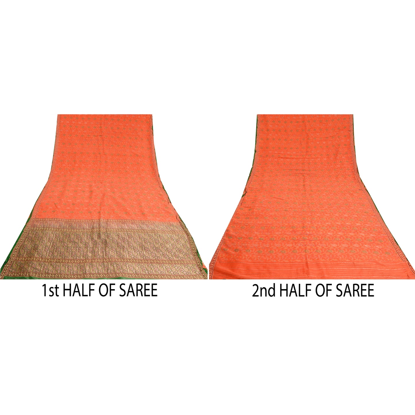 Sanskriti Vintage Orange/Green Sarees Pure Silk Woven Banarasi Zari Sari Sustainable Fabric