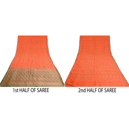 Sanskriti Vintage Orange/Green Sarees Pure Silk Woven Banarasi Zari Sari Sustainable Fabric