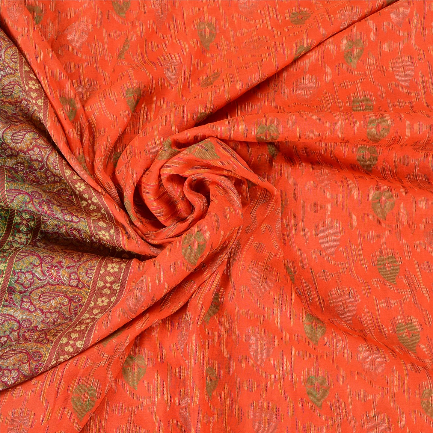 Sanskriti Vintage Orange/Green Sarees Pure Silk Woven Banarasi Zari Sari Sustainable Fabric