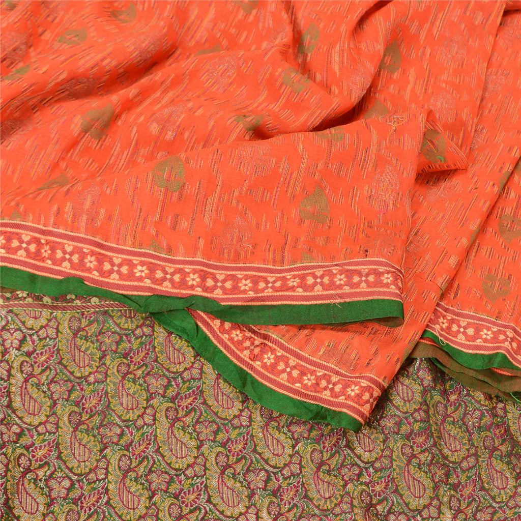 Sanskriti Vintage Orange/Green Sarees Pure Silk Woven Banarasi Zari Sari Sustainable Fabric