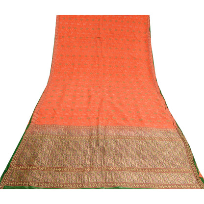 Sanskriti Vintage Orange/Green Sarees Pure Silk Woven Banarasi Zari Sari Sustainable Fabric