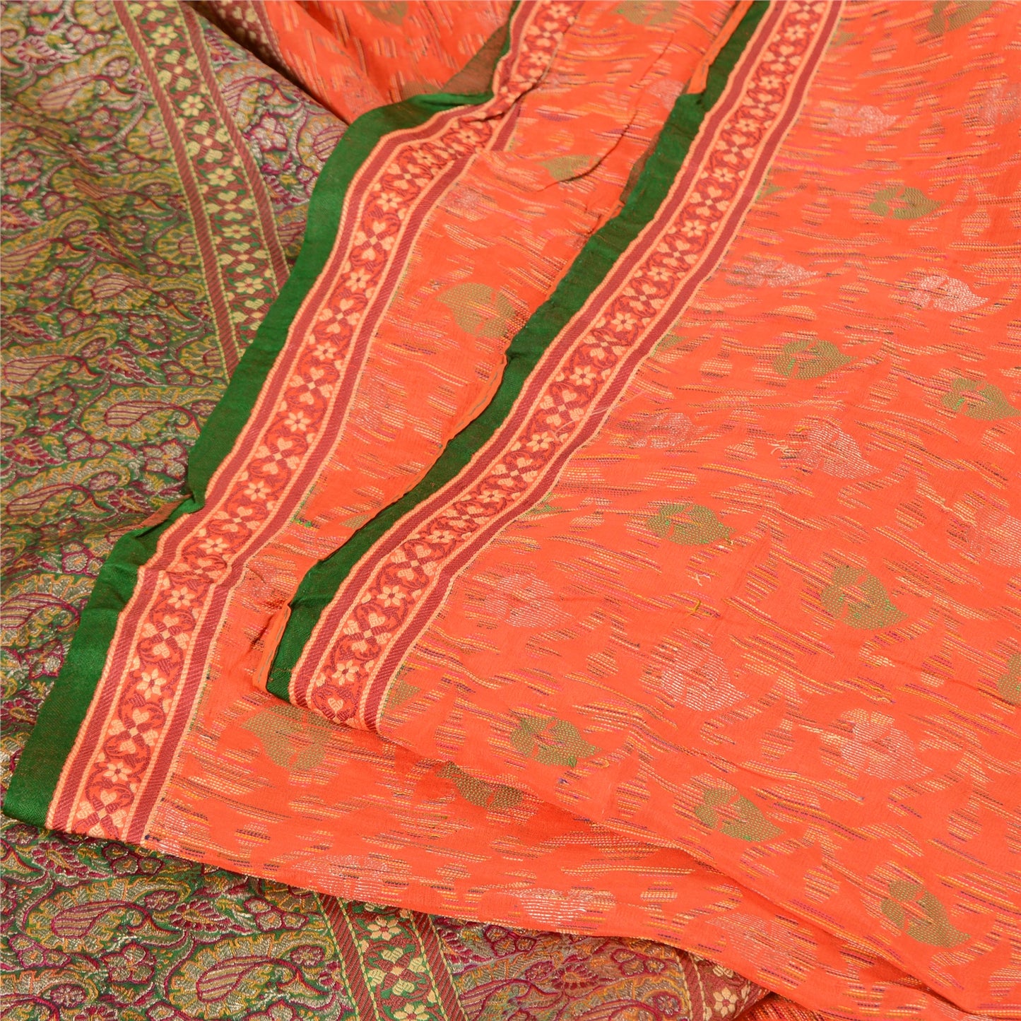 Sanskriti Vintage Orange/Green Sarees Pure Silk Woven Banarasi Zari Sari Sustainable Fabric