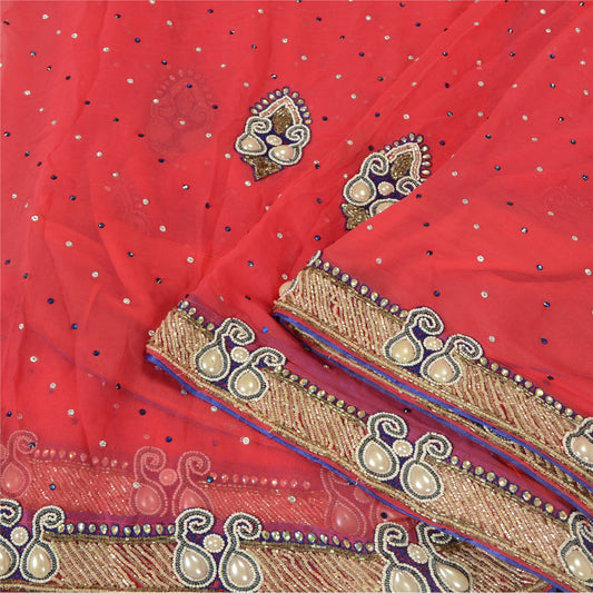 Sanskriti Vintage Peach Sarees Blend Georgette Hand Beaded Sari Craft Sustainable Fabric