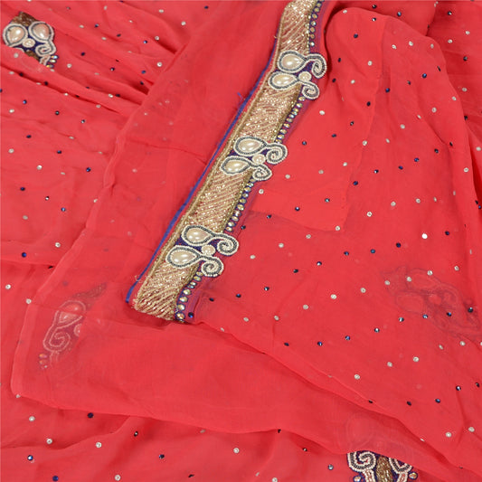 Sanskriti Vintage Peach Sarees Blend Georgette Hand Beaded Sari Craft Sustainable Fabric
