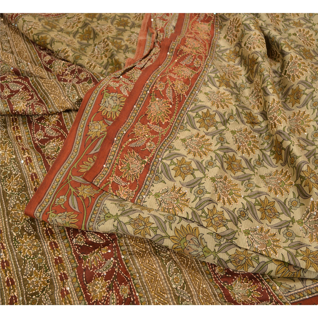 Sanskriti Vintage Cream/Dark Red Sarees Pure Silk Hand Beaded Kantha Sari Fabric
