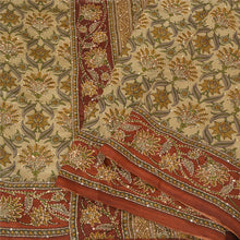Load image into Gallery viewer, Sanskriti Vintage Cream/Dark Red Sarees Pure Silk Hand Beaded Kantha Sari Fabric
