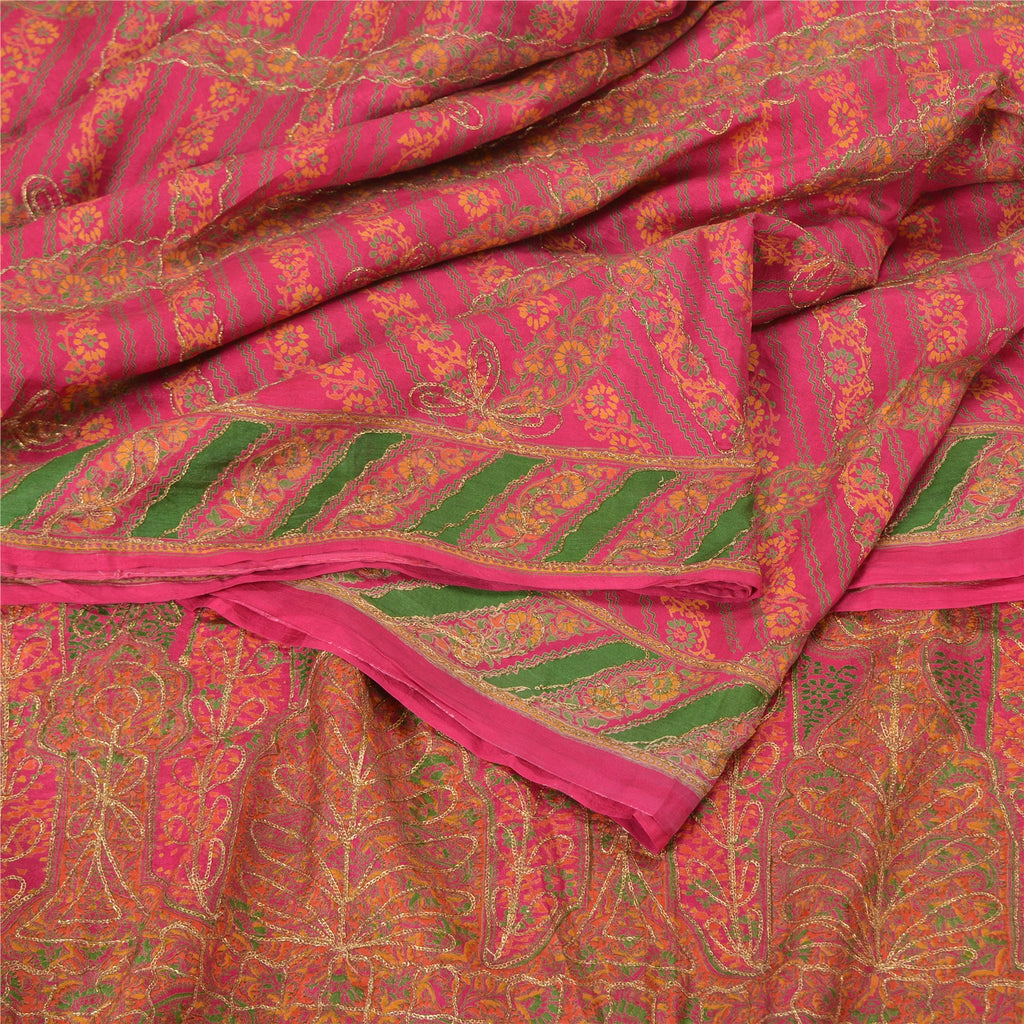 Sanskriti Vintage Pink Sarees 100% Pure Silk Hand Embroidered Sari Craft Sustainable Fabric