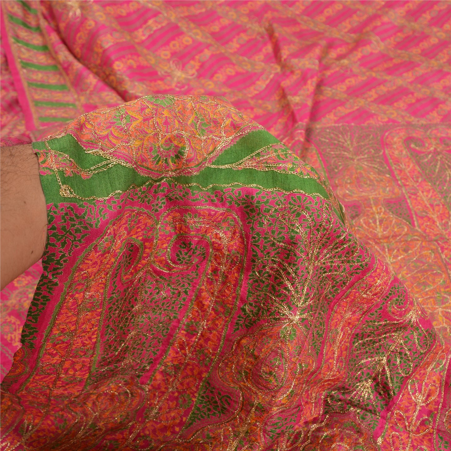 Sanskriti Vintage Pink Sarees 100% Pure Silk Hand Embroidered Sari Craft Sustainable Fabric