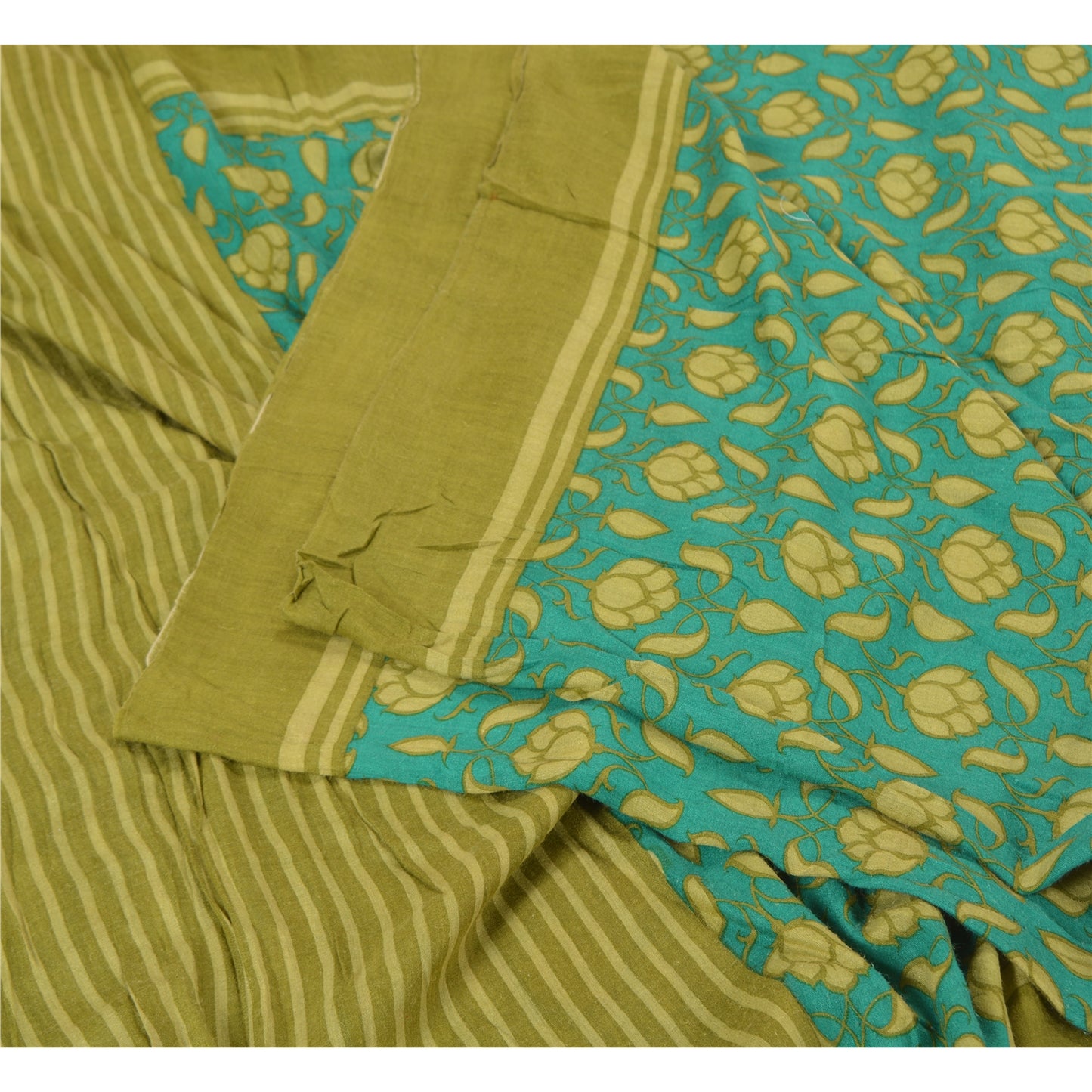 Sanskriti Vintage Green/Blue Indian Sarees 100% Pure Silk Printed Sari Sustainable Fabric