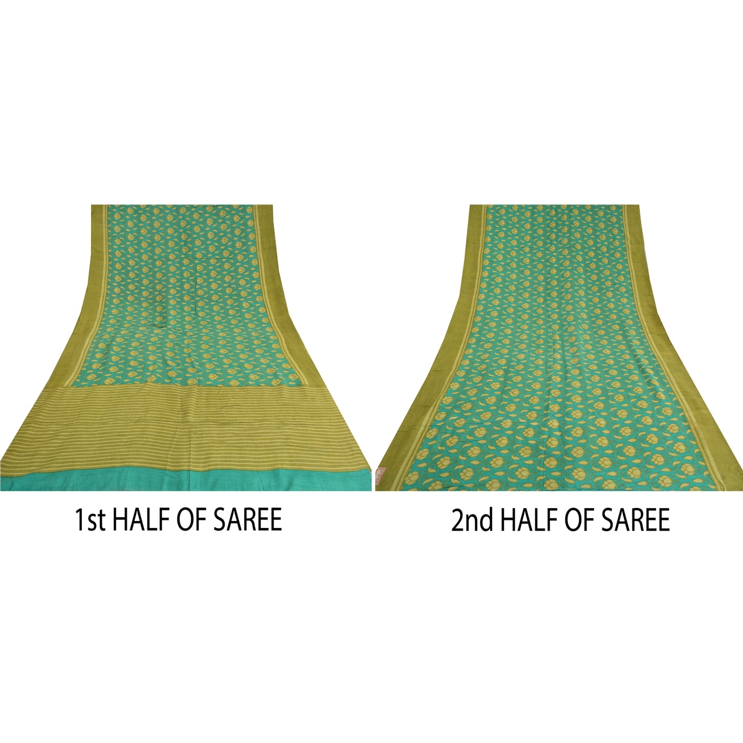 Sanskriti Vintage Green/Blue Indian Sarees 100% Pure Silk Printed Sari Sustainable Fabric