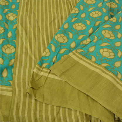 Sanskriti Vintage Green/Blue Indian Sarees 100% Pure Silk Printed Sari Sustainable Fabric