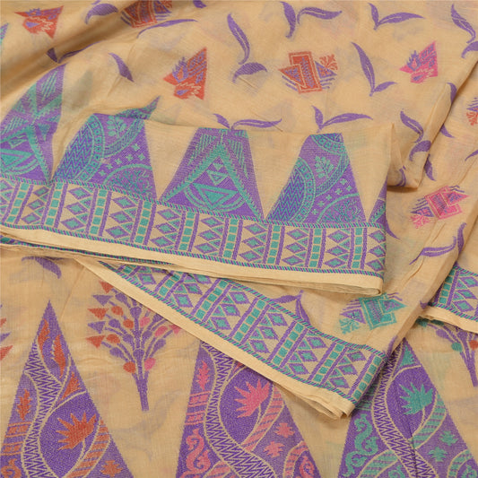 Sanskriti Vintage Ivory Indian Sarees 100% Pure Silk Woven Sari 5 Yard Sustainable Fabric