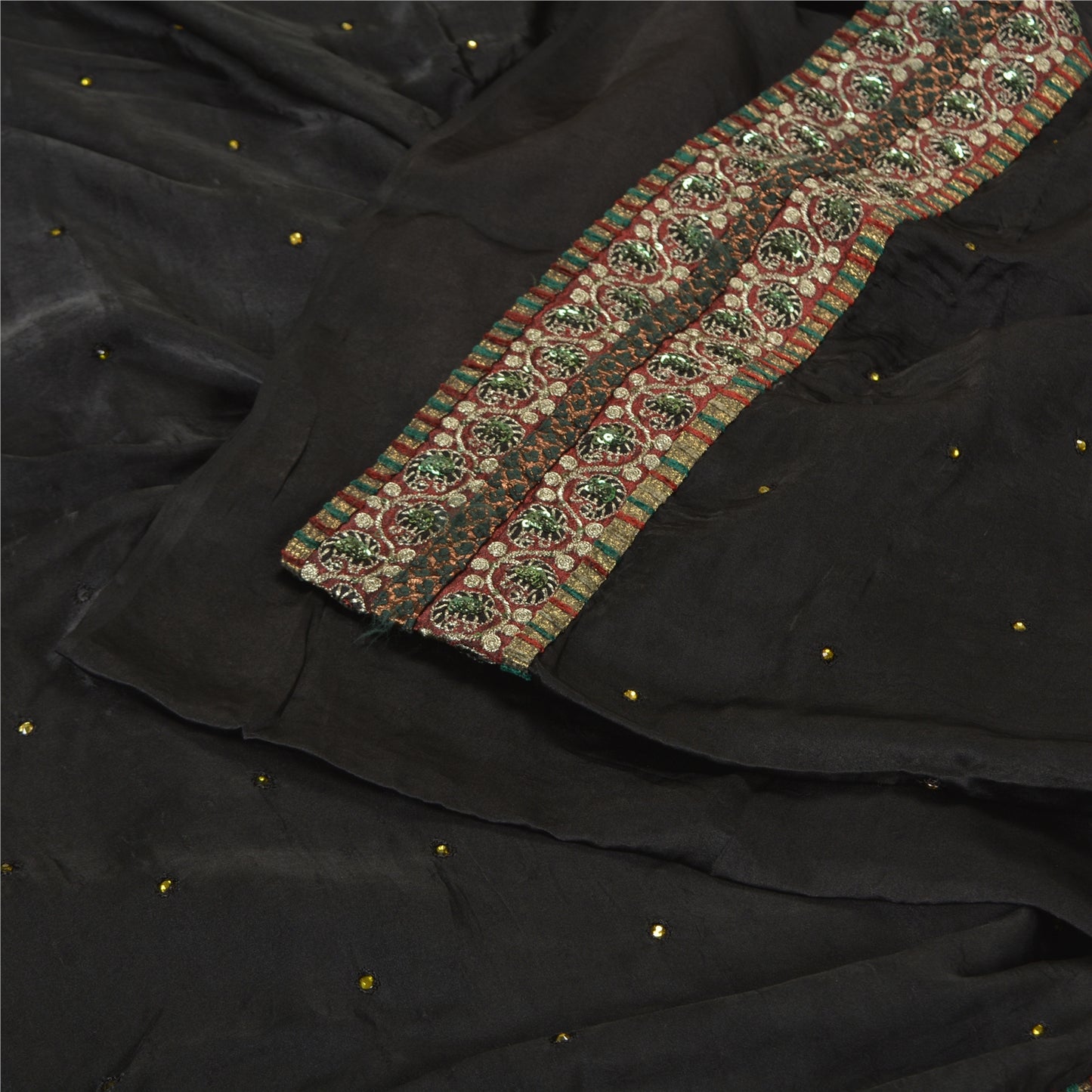 Sanskriti Vintage Black Sarees Pure Satin Silk Hand Beaded Cultural Sari Sustainable Fabric