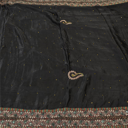Sanskriti Vintage Black Sarees Pure Satin Silk Hand Beaded Cultural Sari Sustainable Fabric