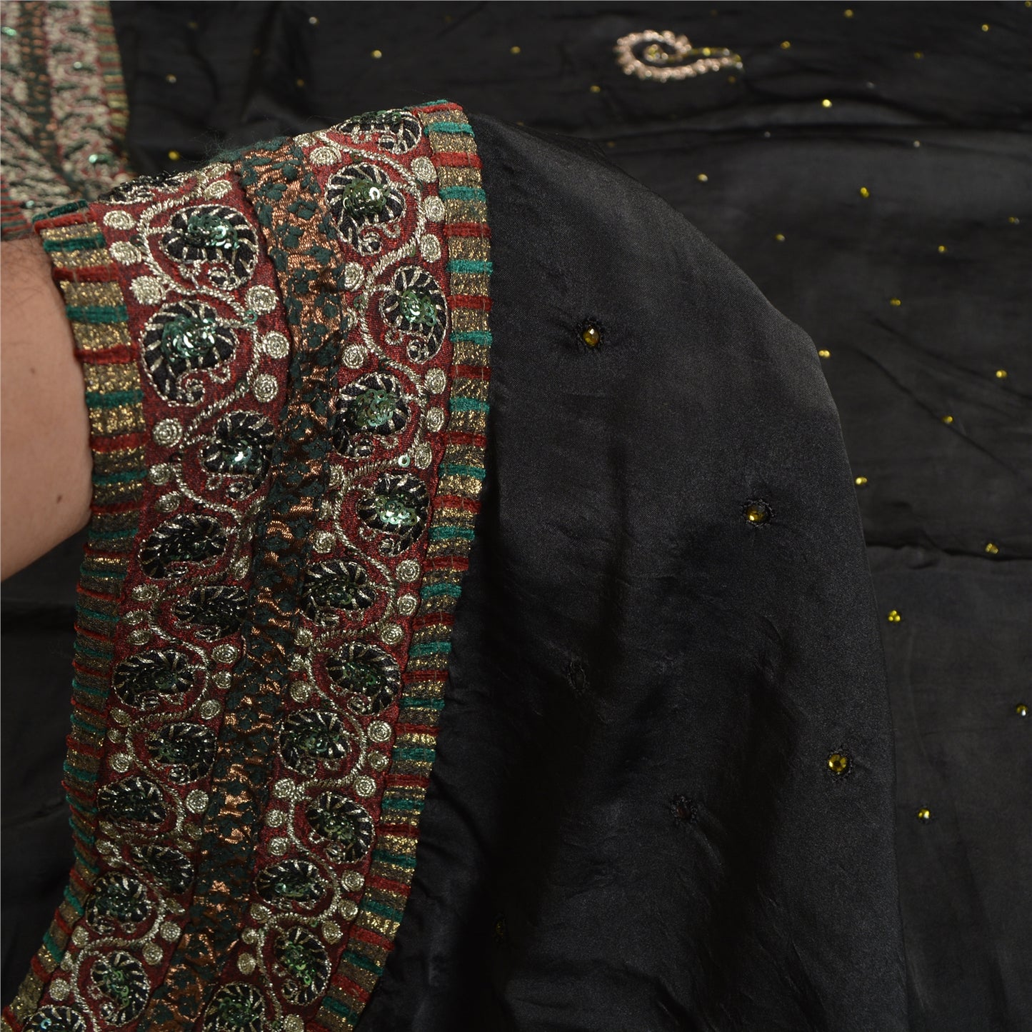 Sanskriti Vintage Black Sarees Pure Satin Silk Hand Beaded Cultural Sari Sustainable Fabric