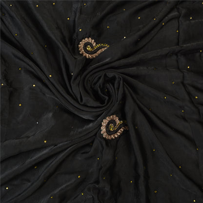 Sanskriti Vintage Black Sarees Pure Satin Silk Hand Beaded Cultural Sari Sustainable Fabric