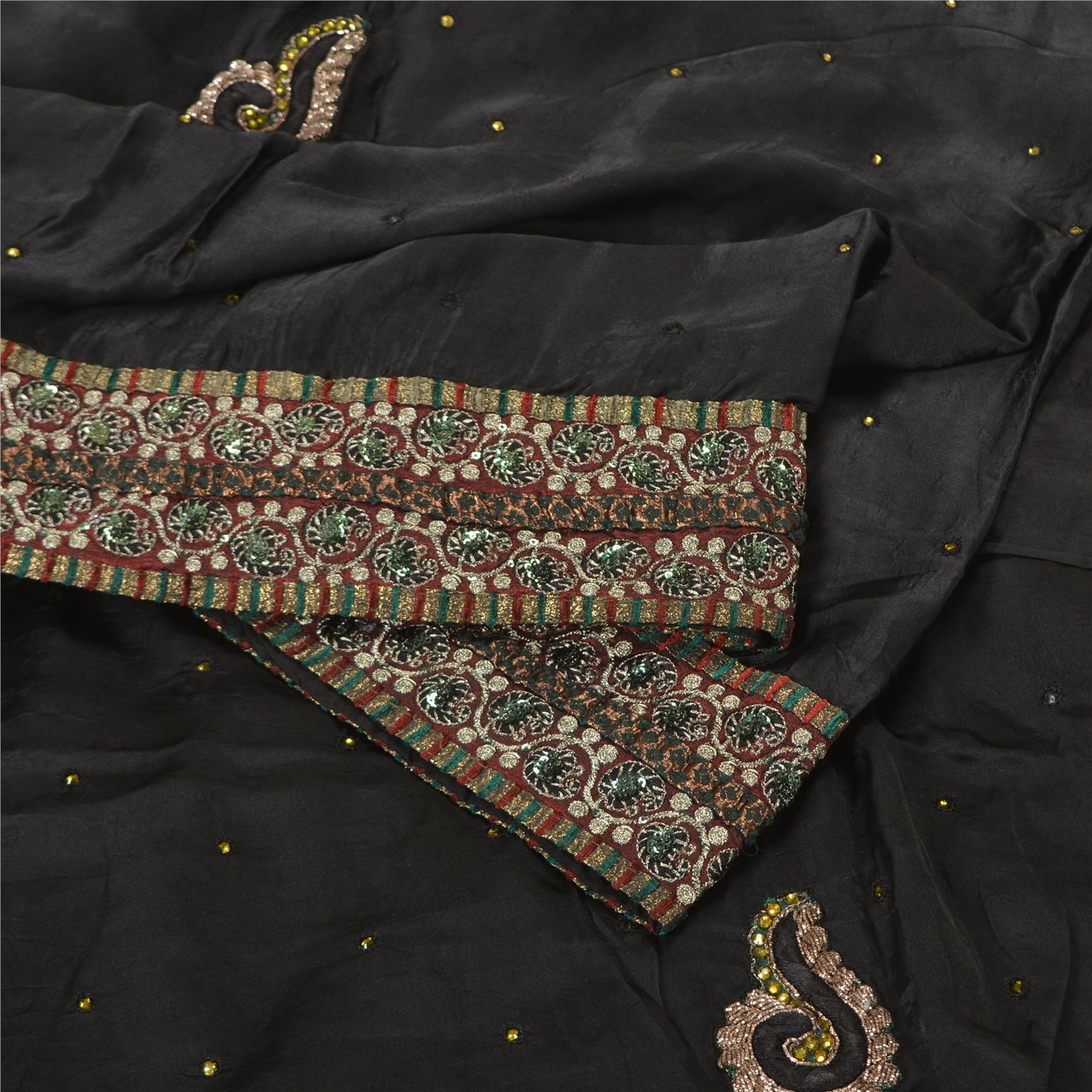 Sanskriti Vintage Black Sarees Pure Satin Silk Hand Beaded Cultural Sari Sustainable Fabric