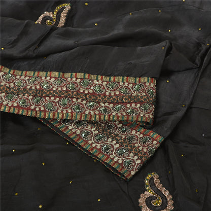 Sanskriti Vintage Black Sarees Pure Satin Silk Hand Beaded Cultural Sari Sustainable Fabric