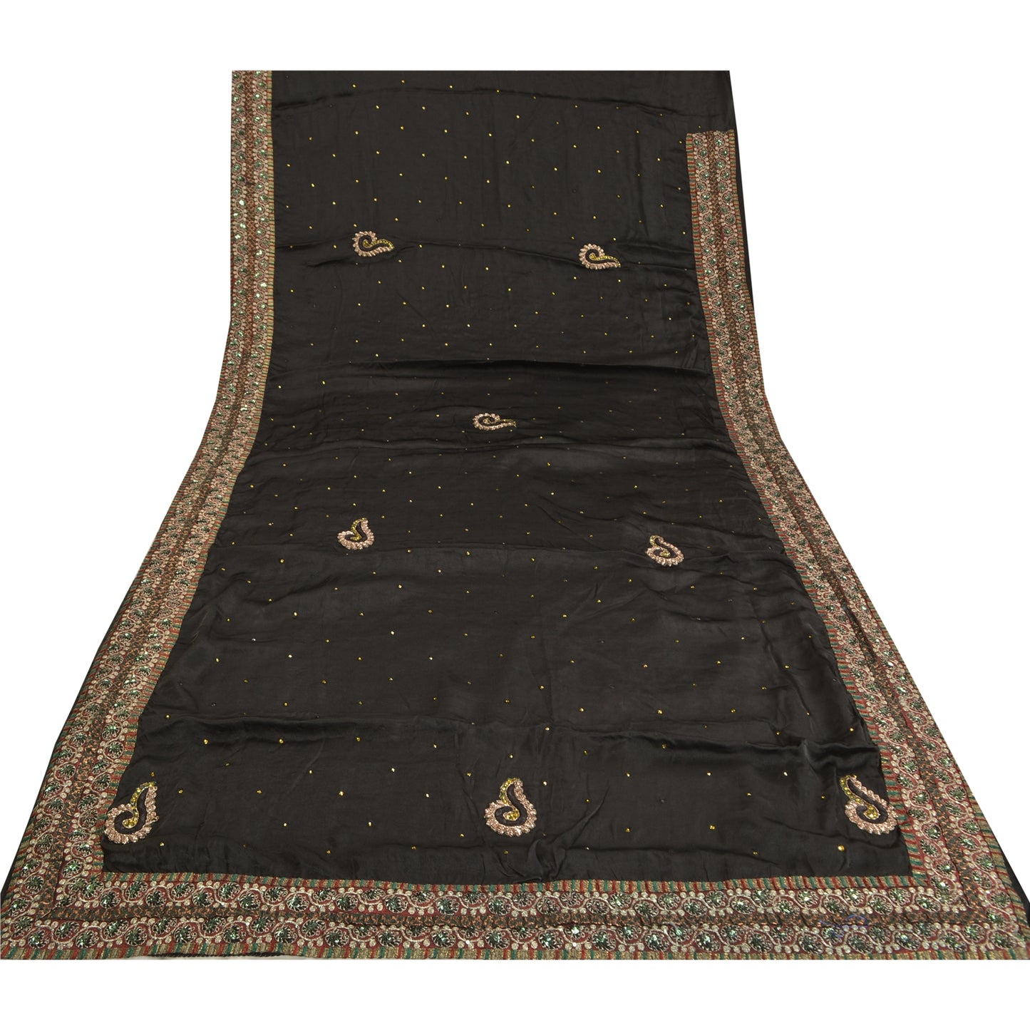 Sanskriti Vintage Black Sarees Pure Satin Silk Hand Beaded Cultural Sari Sustainable Fabric