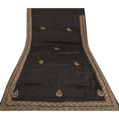Sanskriti Vintage Black Sarees Pure Satin Silk Hand Beaded Cultural Sari Sustainable Fabric