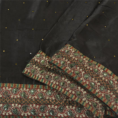 Sanskriti Vintage Black Sarees Pure Satin Silk Hand Beaded Cultural Sari Sustainable Fabric