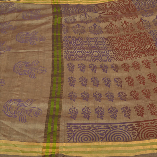 Sanskriti Vintage Brown Sarees Cotton Silk Hand-Block Printed Woven Sari Sustainable Fabric