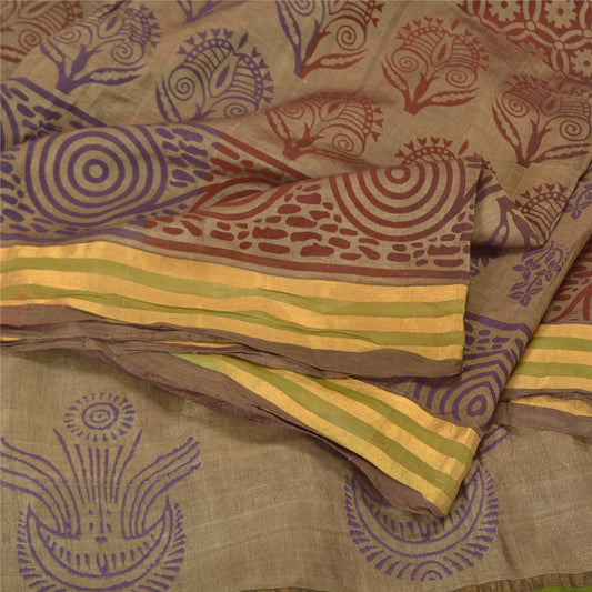 Sanskriti Vintage Brown Sarees Cotton Silk Hand-Block Printed Woven Sari Sustainable Fabric