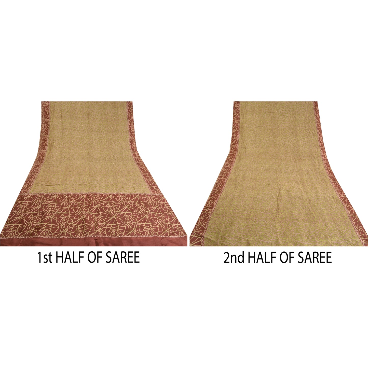 Sanskriti Vintage Brown/Green Sarees Pure Silk Sari Hand Beaded Kantha Sustainable Fabric