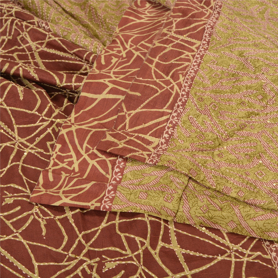 Sanskriti Vintage Brown/Green Sarees Pure Silk Sari Hand Beaded Kantha Fabric