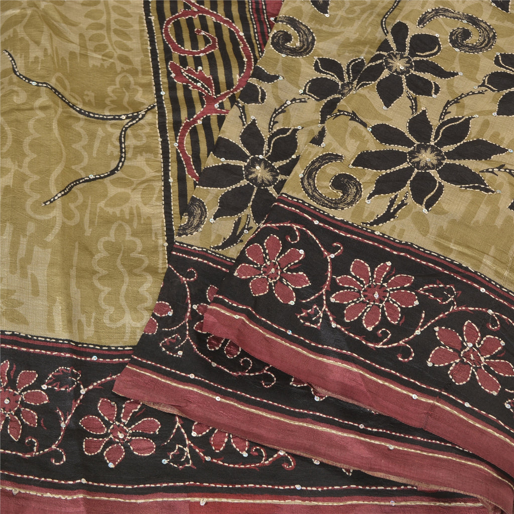 Sanskriti Vintage Dark Red/Beige Sarees Pure Silk Sari Hand Beaded Kantha Sustainable Fabric