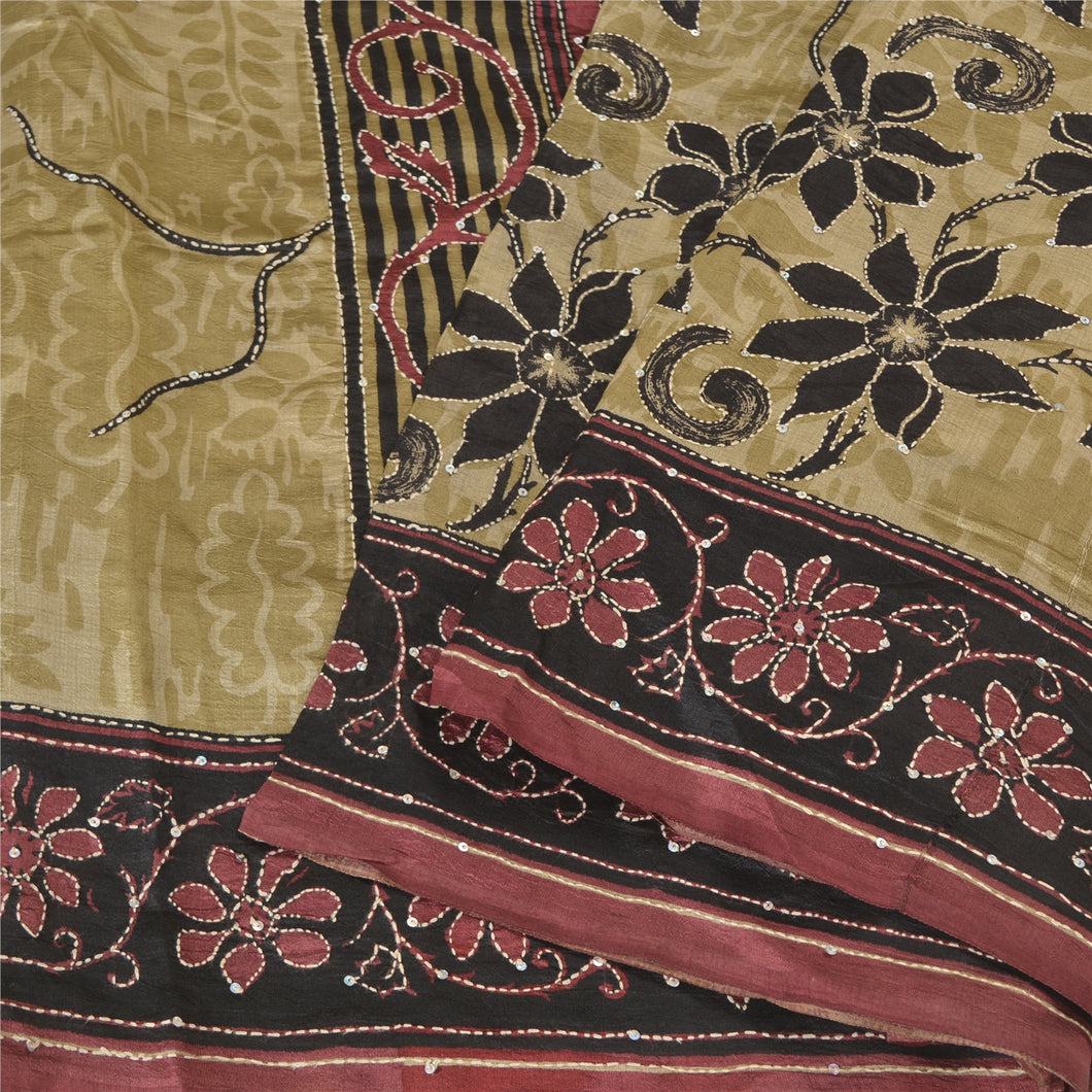 Sanskriti Vintage Dark Red/Beige Sarees Pure Silk Sari Hand Beaded Kantha Fabric