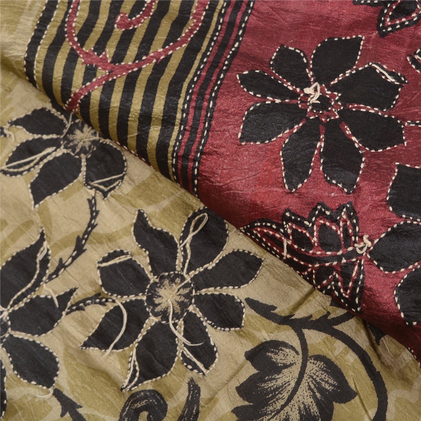 Sanskriti Vintage Dark Red/Beige Sarees Pure Silk Sari Hand Beaded Kantha Sustainable Fabric