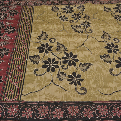 Sanskriti Vintage Dark Red/Beige Sarees Pure Silk Sari Hand Beaded Kantha Sustainable Fabric