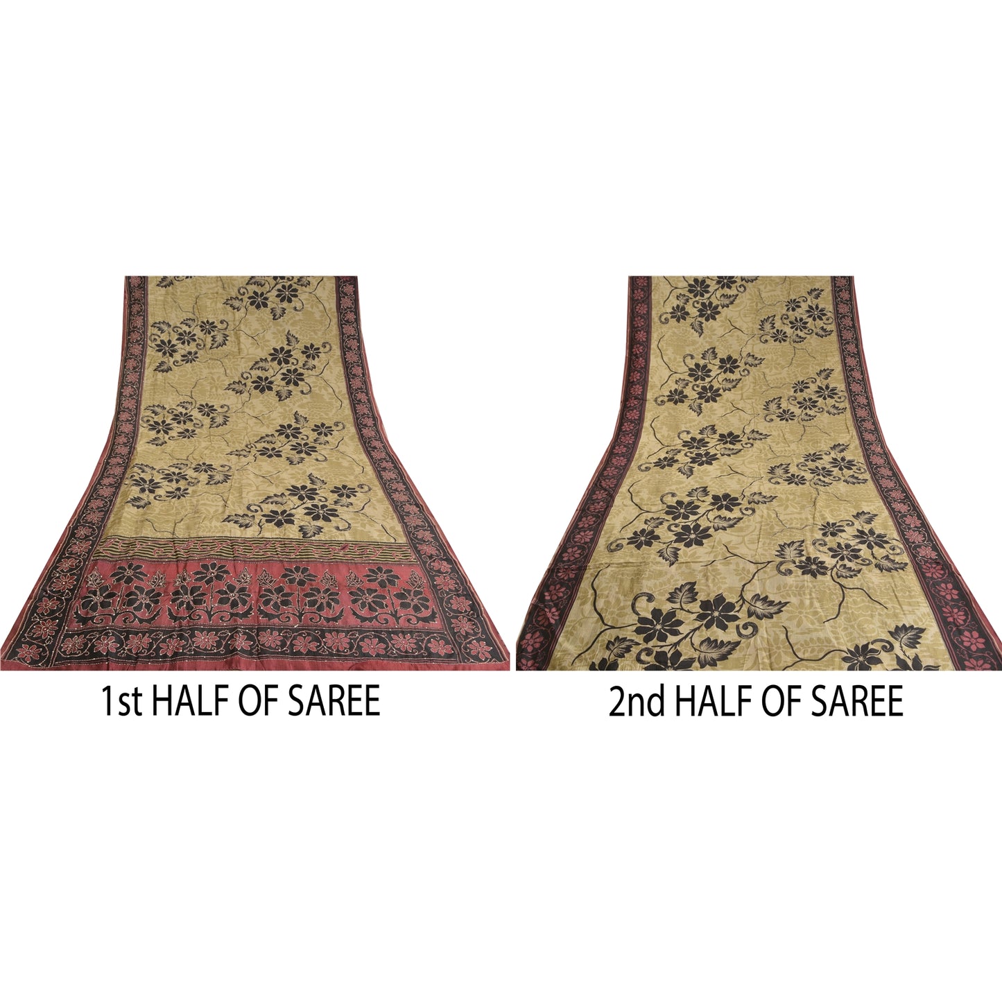 Sanskriti Vintage Dark Red/Beige Sarees Pure Silk Sari Hand Beaded Kantha Sustainable Fabric