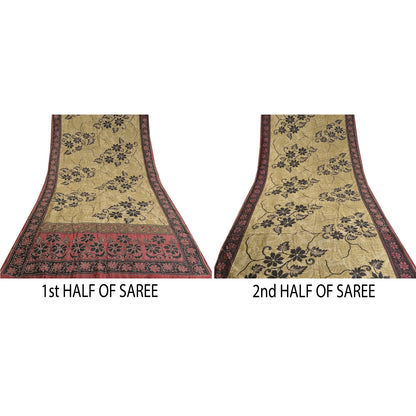 Sanskriti Vintage Dark Red/Beige Sarees Pure Silk Sari Hand Beaded Kantha Sustainable Fabric