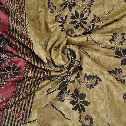 Sanskriti Vintage Dark Red/Beige Sarees Pure Silk Sari Hand Beaded Kantha Sustainable Fabric