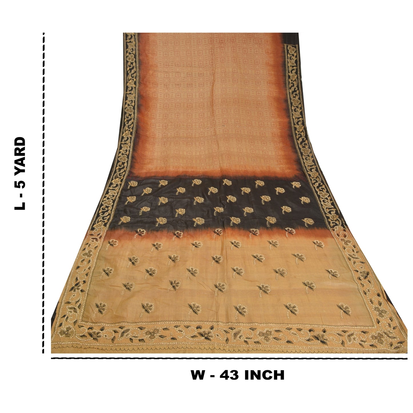 Sanskriti Vintage Golden/Black Sarees Pure Silk Hand Beaded Premium Sari Sustainable Fabric