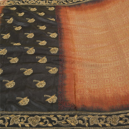 Sanskriti Vintage Golden/Black Sarees Pure Silk Hand Beaded Premium Sari Sustainable Fabric