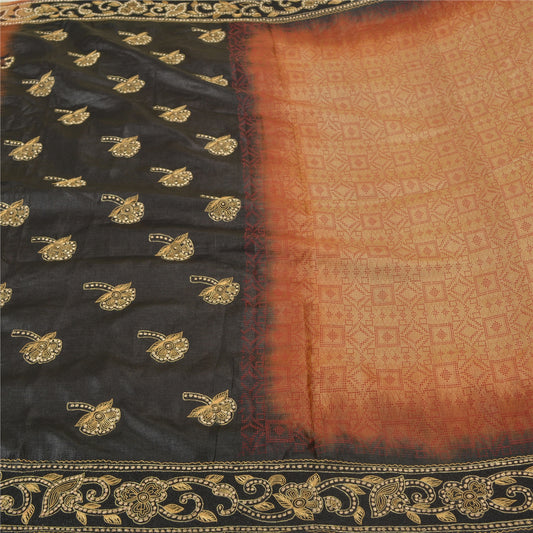Sanskriti Vintage Golden/Black Sarees Pure Silk Hand Beaded Premium Sari Sustainable Fabric
