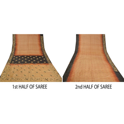 Sanskriti Vintage Golden/Black Sarees Pure Silk Hand Beaded Premium Sari Sustainable Fabric